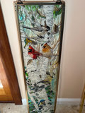 Stained painted glass panel with birds on a birch tree - thumbnail 1 of 5