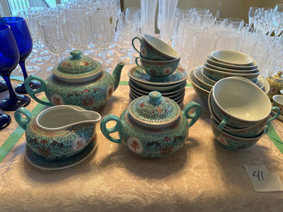 Turquoise Chinese porcelain teapot, bowls, and matching tableware set - Image 1 of 14