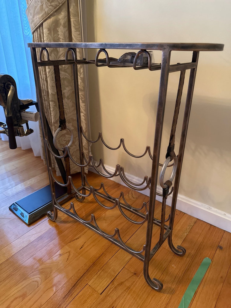 Vintage lever-style wine opener on decorative stand with wine rack - image 3 of 6