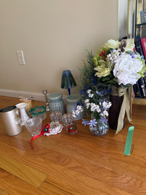 Candle holders, Faux flowers in vases - Image 1 of 11