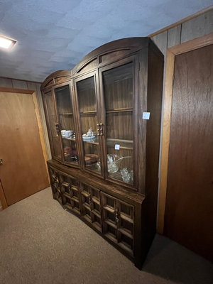 Dark Wood China Cabinet with Glass-Front Display and Paneled Base - Image 1 of 12