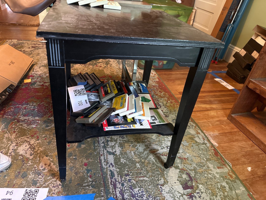 Wood Black side table on casters  - image 6 of 8