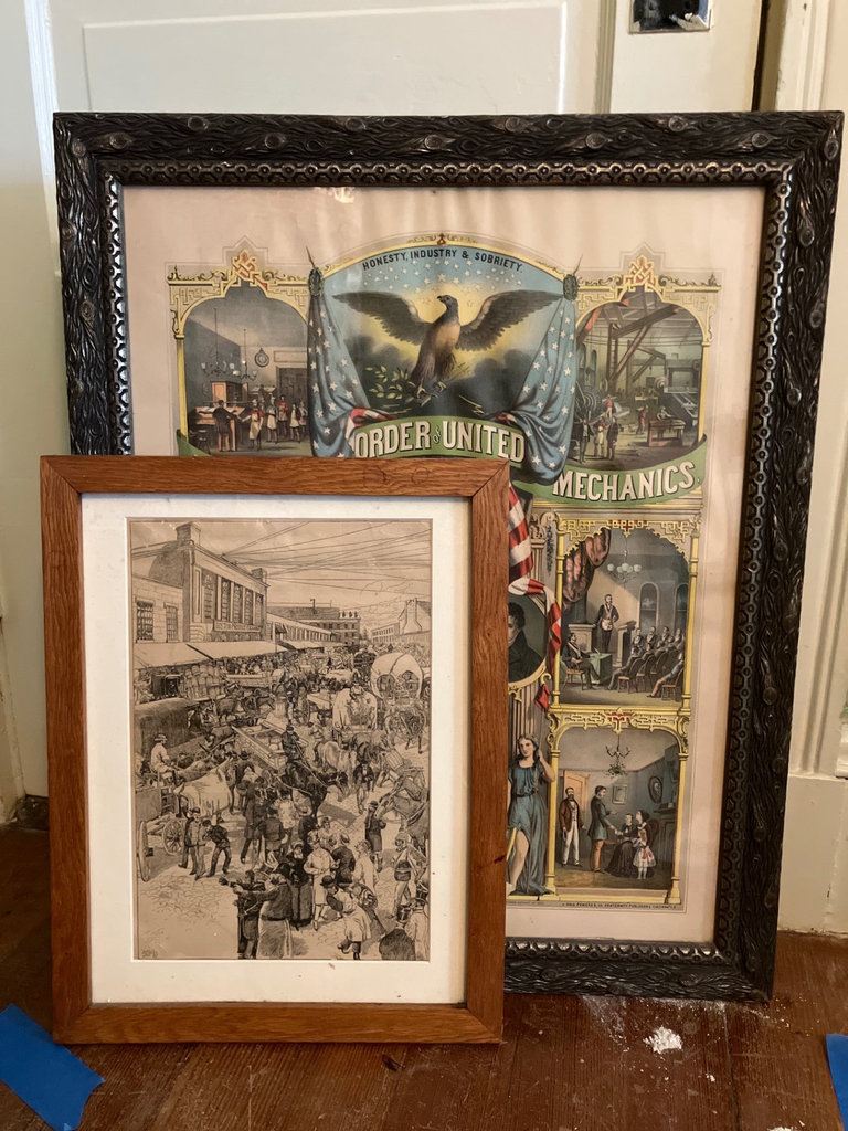 Set of framed art prints including Order United American Mechanics and city street scene - image 1 of 9