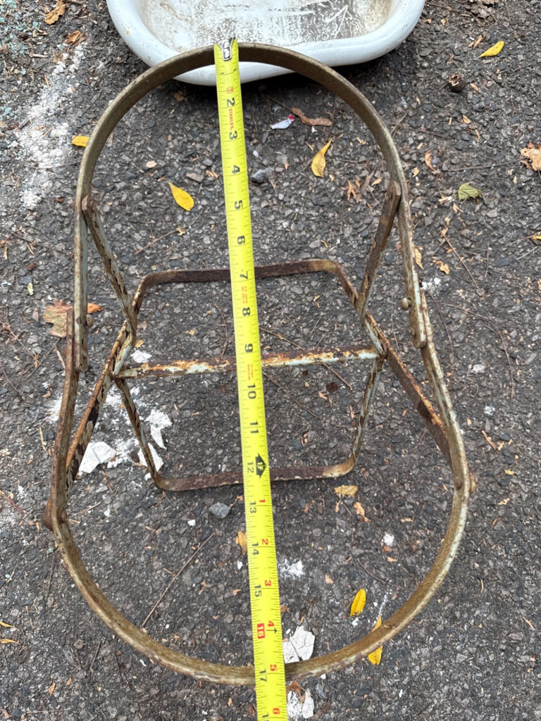 Weathered enamel infant tub basin on rusted folding stand - image 8 of 9
