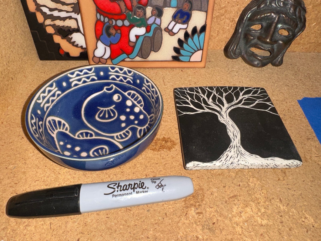 Assorted decorative tiles, ceramic bowl, mask - image 2 of 7