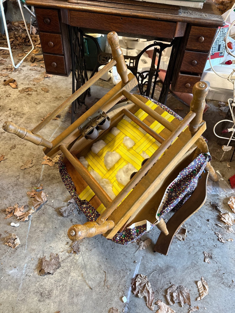 Vintage wooden armchair with star-pattern upholstery and tiltable seat - image 7 of 9