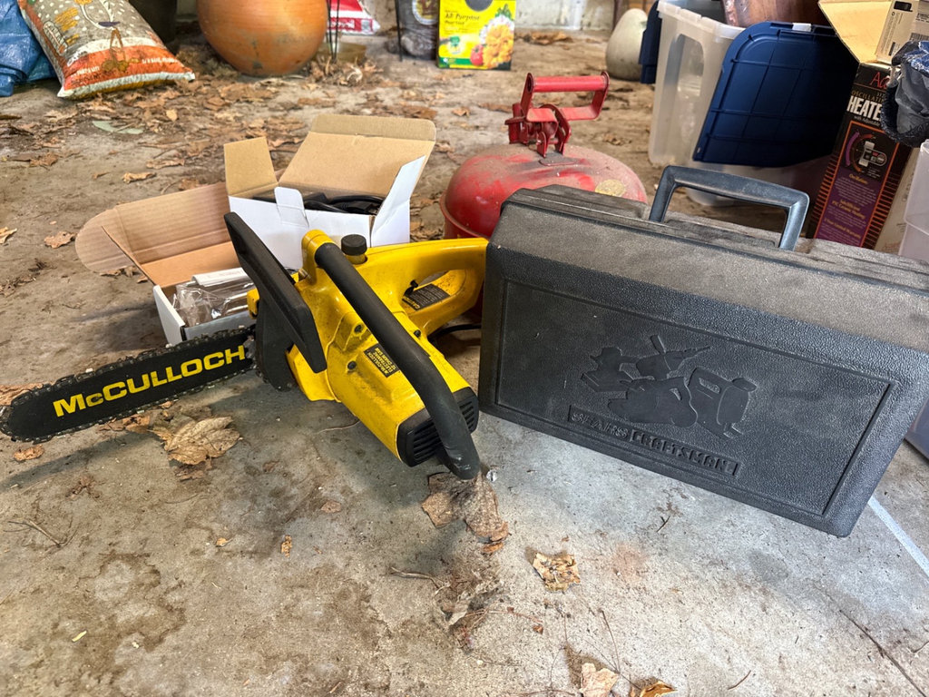 McCulloch chainsaw and Sears Craftsman belt sander with rotisserie kit and safety can - image 8 of 15