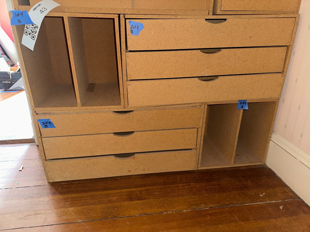 Four OSB modular storage cabinet with drawers and open cubbies - image 1 of 7