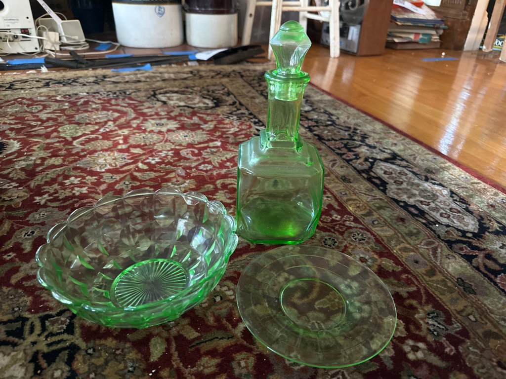 Uranium glass decanter,bowl, more  - image 1 of 8