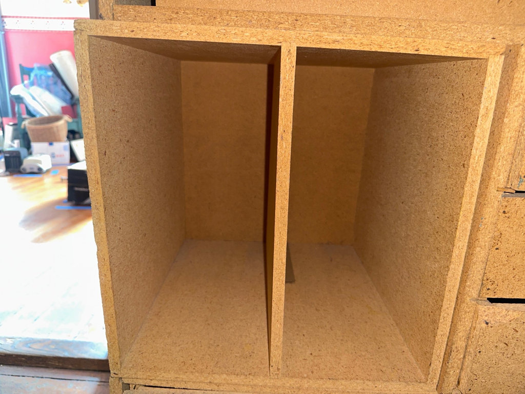 Four OSB modular storage cabinet with drawers and open cubbies - image 3 of 7