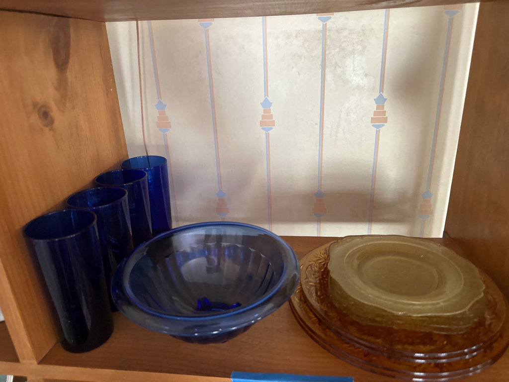 Cobalt blue glassware and amber pressed-glass plates - image 1 of 9