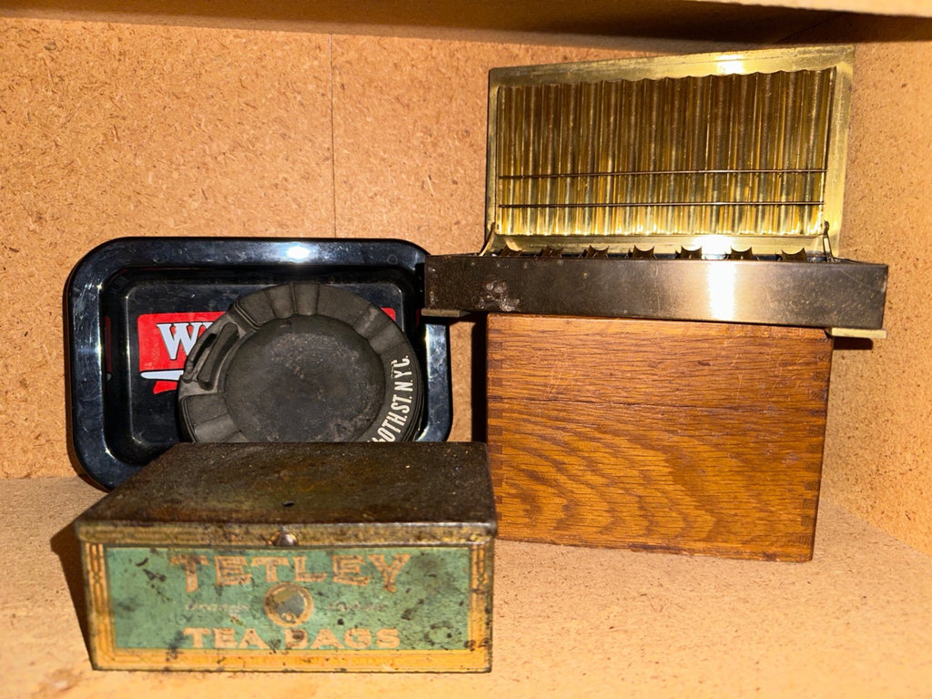 Vintage cases, wooden box, and assorted advertising items - image 1 of 9