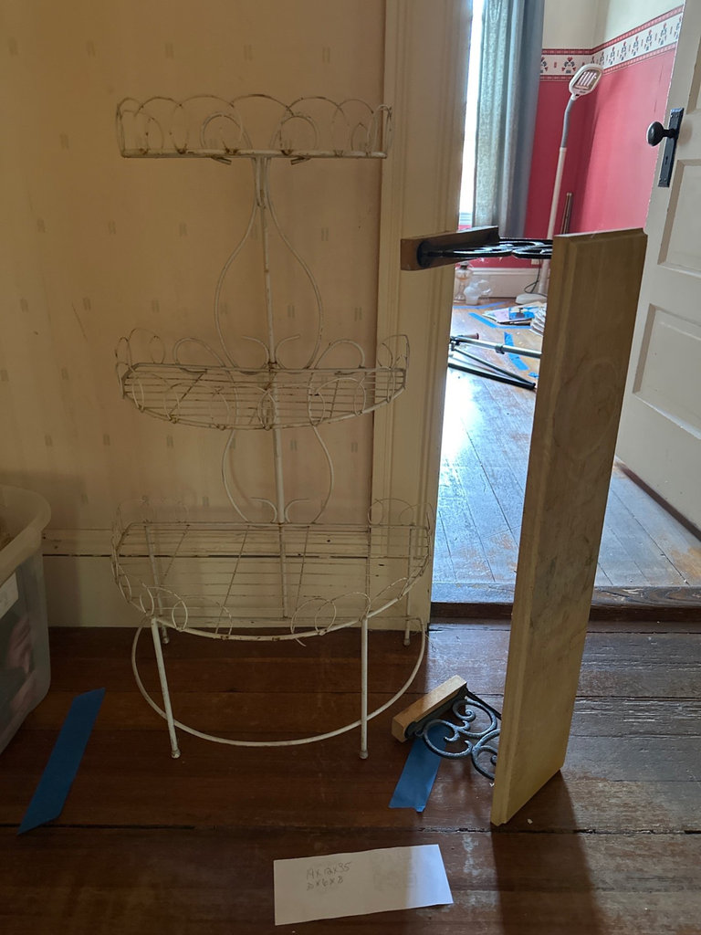 Three-tier metal plant stand and wooden plant shelf  - image 1 of 8