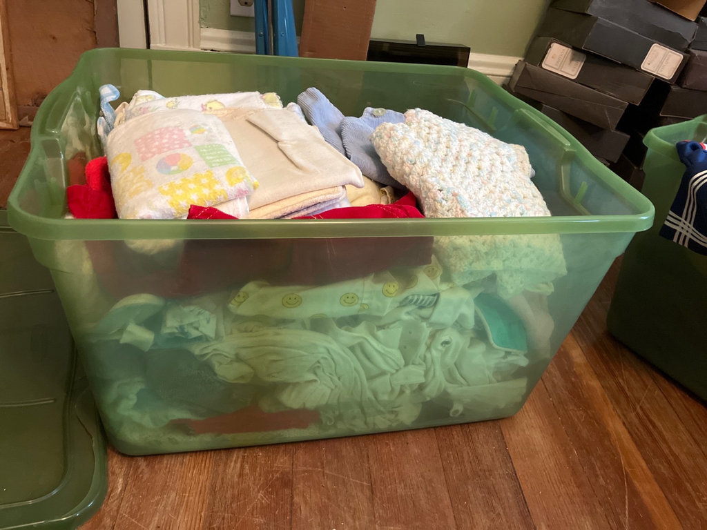 Assorted vintage children’s clothing in storage bins - image 4 of 5