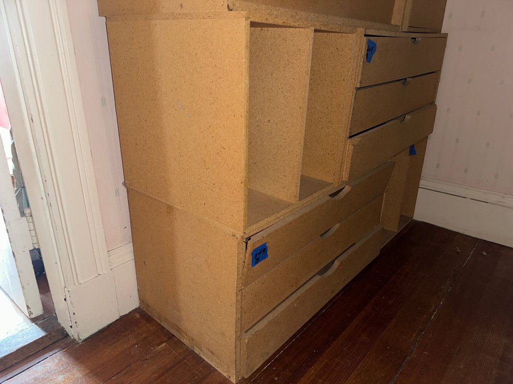 Four OSB modular storage cabinet with drawers and open cubbies - image 4 of 7