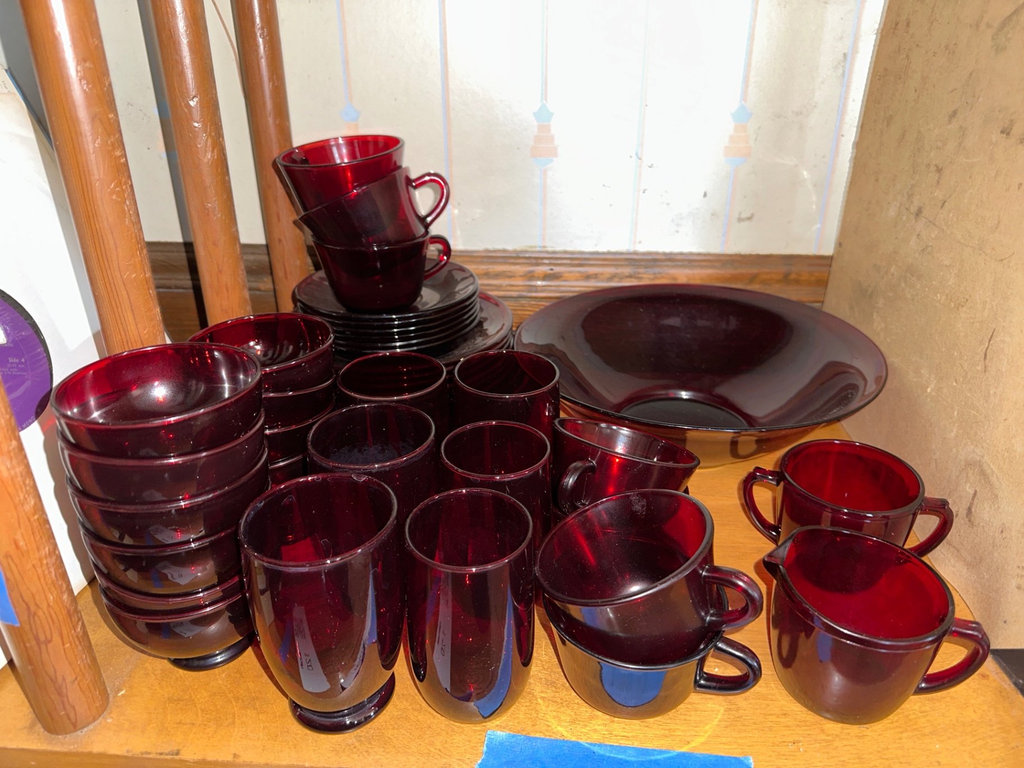 Anchor Hocking Vintage Cranberry glass dishware set (cups, bowls, plates) - image 1 of 12