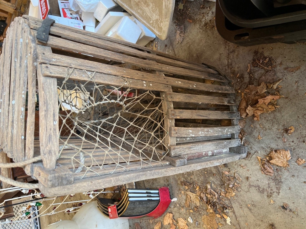 Wooden lobster cage trap with rope and wire mesh. - image 1 of 5