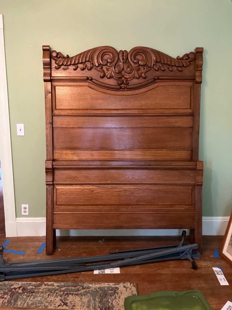 Carved wooden bed headboard with footboard and rails - image 1 of 9