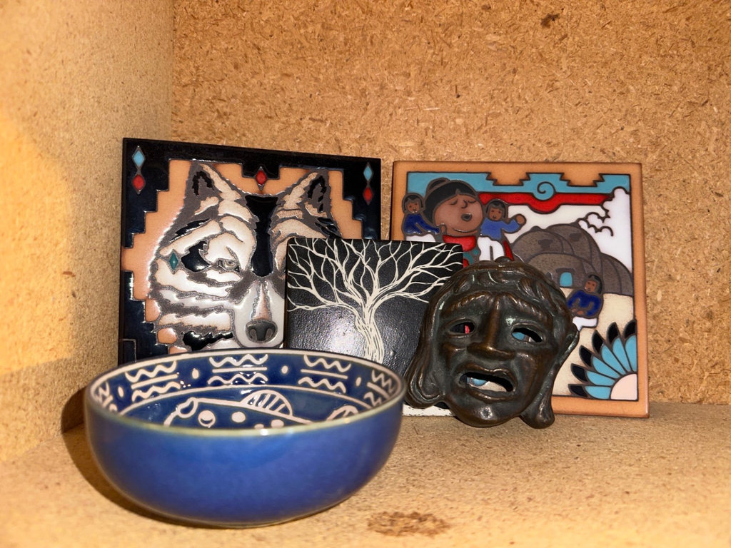 Assorted decorative tiles, ceramic bowl, mask - image 1 of 7