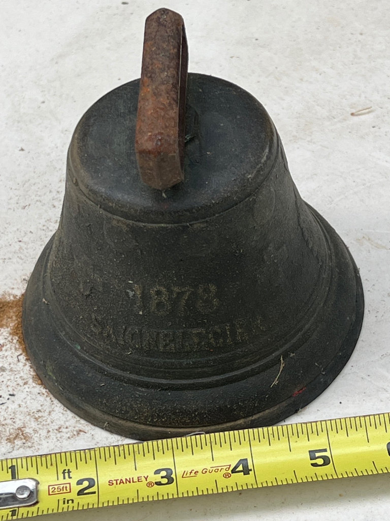 Antique metal bell with rusted clapper - image 1 of 4