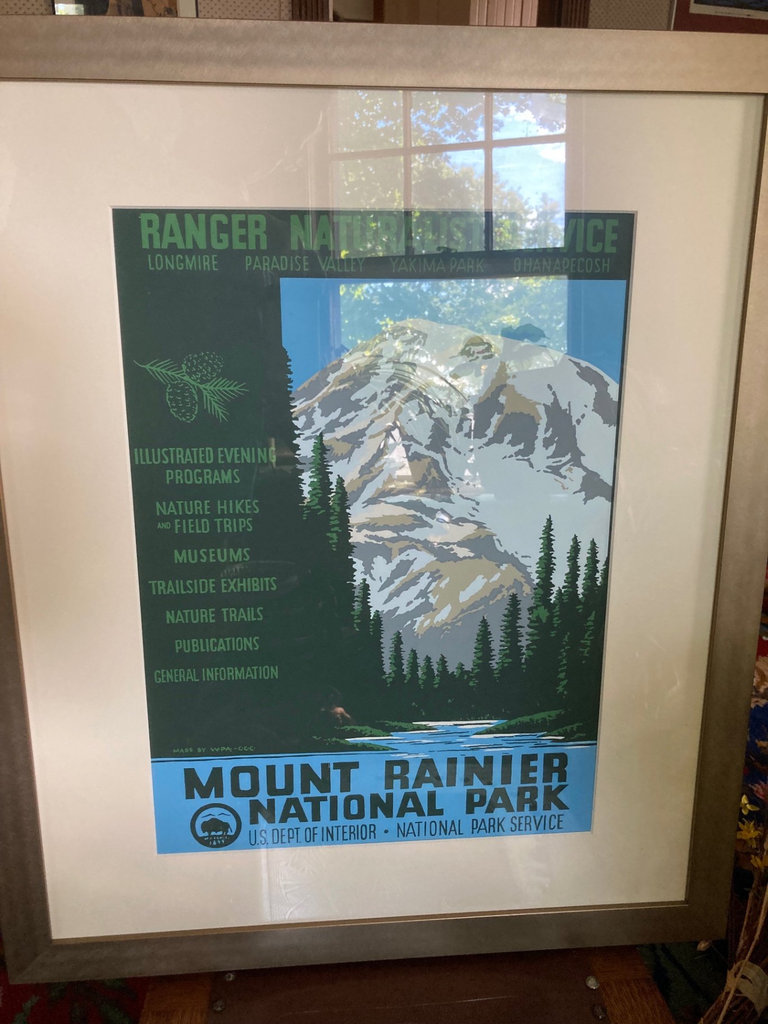 Two framed National Park Service posters: Yellowstone and Mount Rainier - image 2 of 6