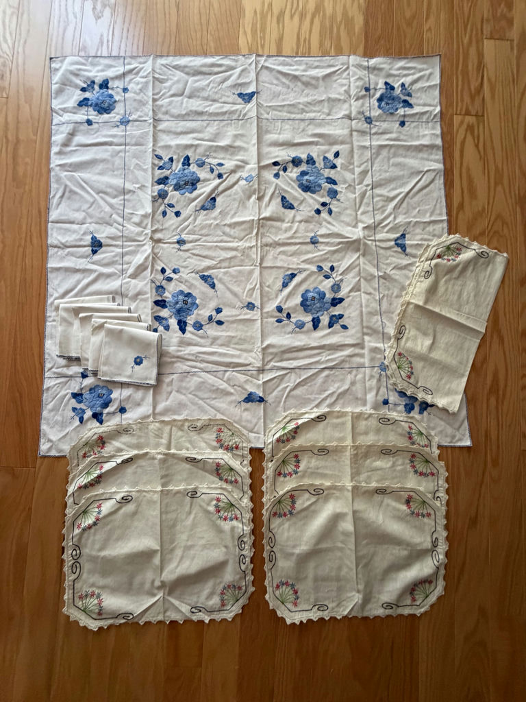 Vintage Handmade Table Linens: Appliqué Tablecloth/Napkins & Embroidered Placemats/Table Doily - image 1 of 10