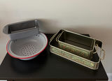 Vintage Pyrex Casserole Holders, Enamel Strainer, Calaphon Loaf Pan - thumbnail 1 of 13