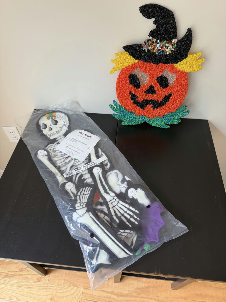 Vintage Halloween Skeleton Wall Hanging (Glows In Dark) & Popcorn Jack O’Lantern - image 1 of 14