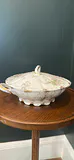 Theodore Haviland Limoges porcelain covered vegetable tureen or casserole dish with pink floral (rose) decals or hand-painted accents, scalloped edges, and gilt (gold) trim. • Origin: Crafted - thumbnail 1 of 4