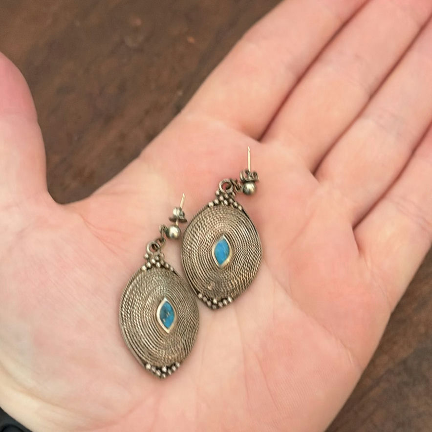 STERLING SILVER Oval Dangle Earrings with Blue Stone Accents - image 5 of 5