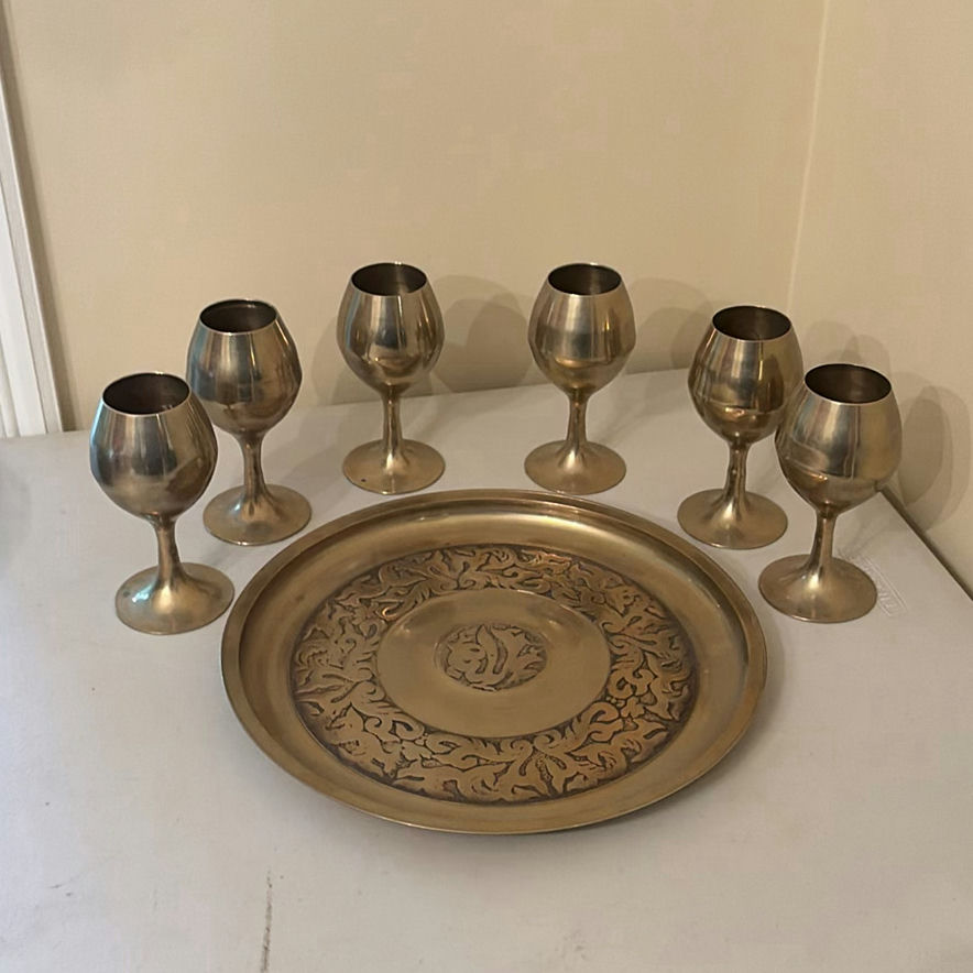 Decorative Metal Tray and Six Goblets - image 1 of 12