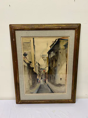 European Street Scene Watercolor Painting - Image 1 of 5