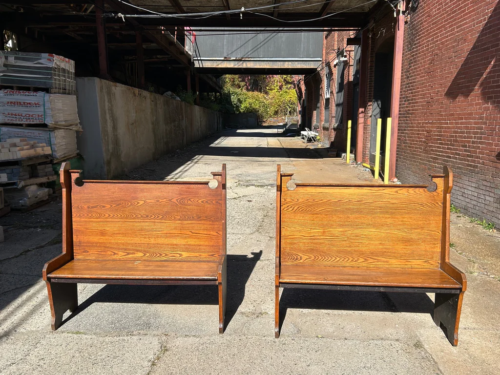  Pair of Oak High Back Benches  - image 2 of 8