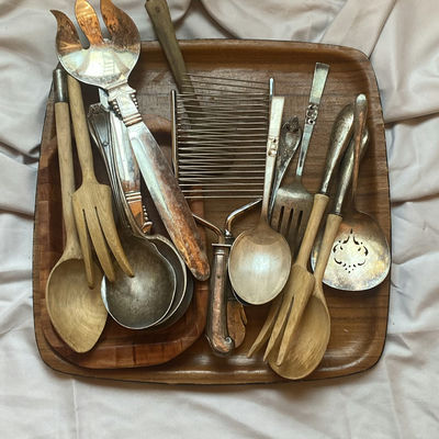 Assorted Wooden and Metal Kitchen Utensils with Wooden Tray - Image 1 of 3