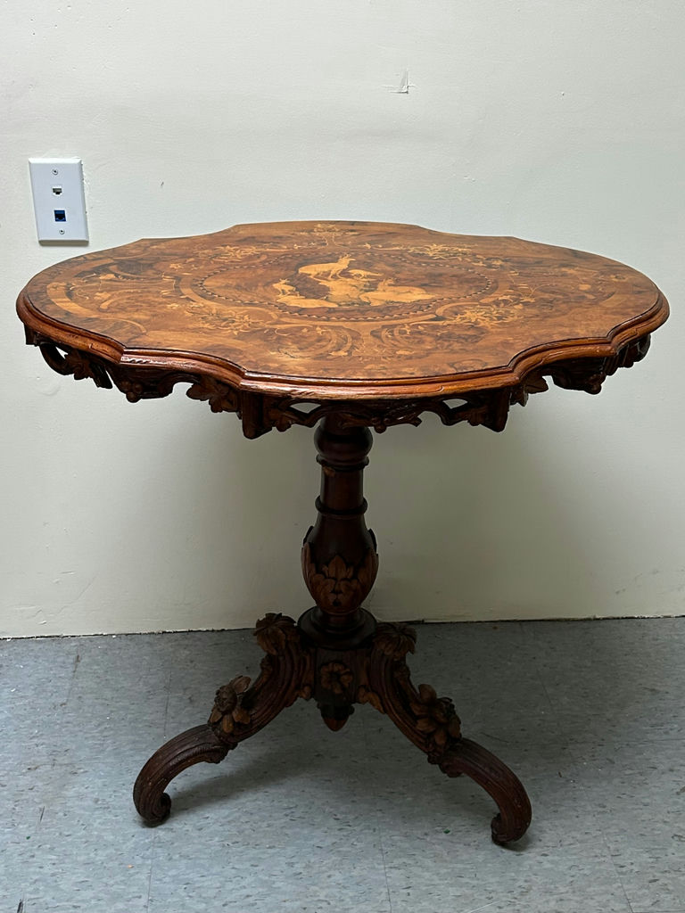 Antique Baroque Carved Inlaid Deer Scene Tilt Top Table - image 10 of 12