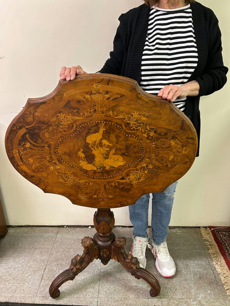 Antique Baroque Carved Inlaid Deer Scene Tilt Top Table - image 3 of 12