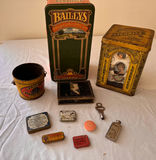 Assorted vintage tins, small metal items, and greeting-card ephemera - thumbnail 1 of 4