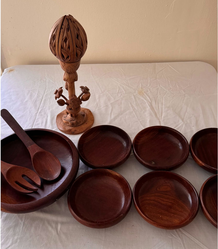Set of wooden bowls with spoons and a carved ornamental egg - image 1 of 3