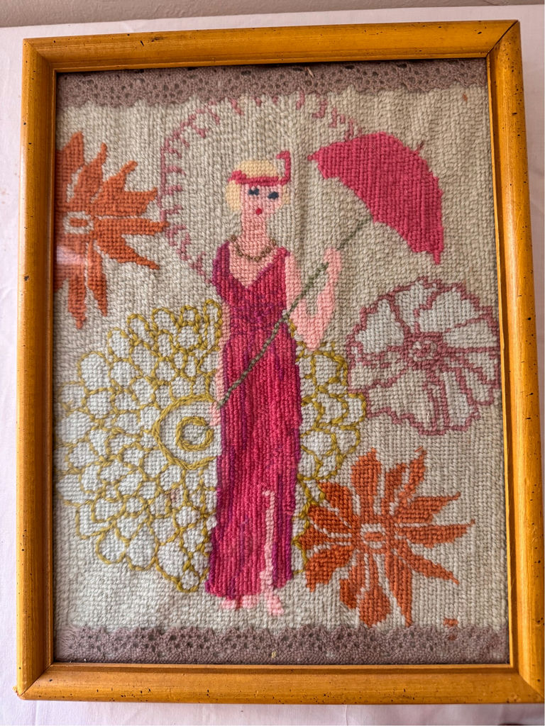Vintage Sewing Basket, Antique needlepoint framed - image 2 of 6
