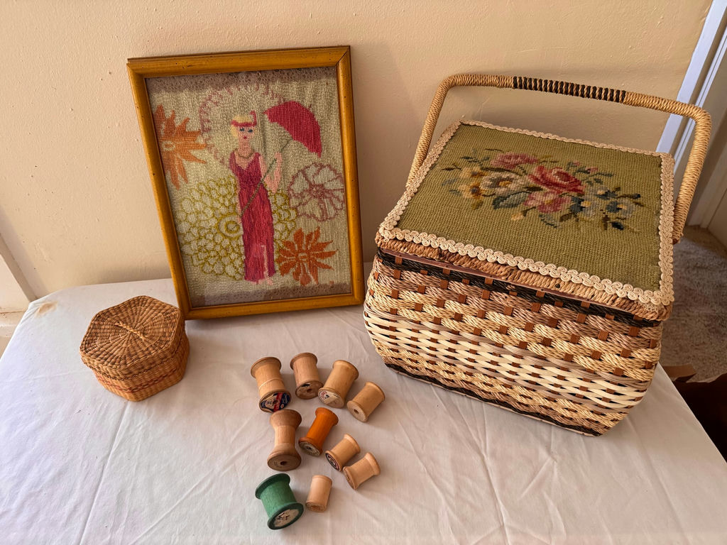 Vintage Sewing Basket, Antique needlepoint framed - image 1 of 6