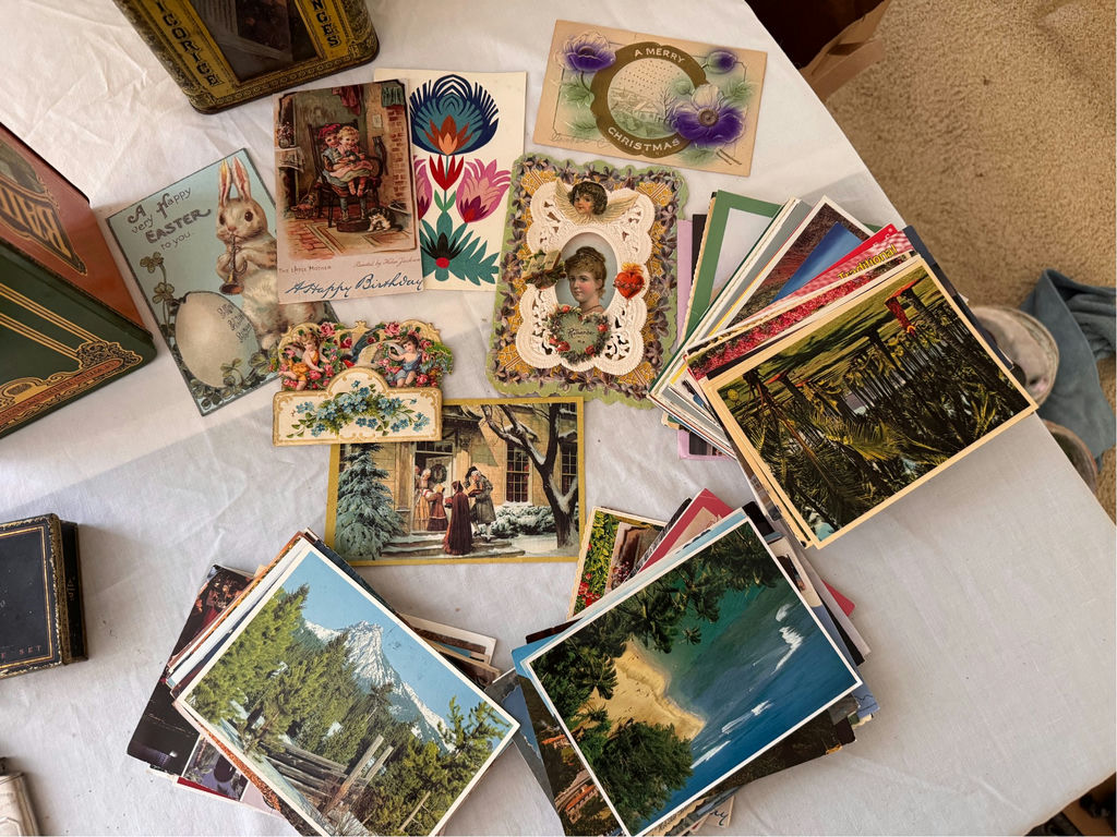 Assorted vintage tins, small metal items, and greeting-card ephemera - image 4 of 4