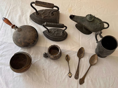 Assorted antique metal kitchenware and irons - Image 1 of 3