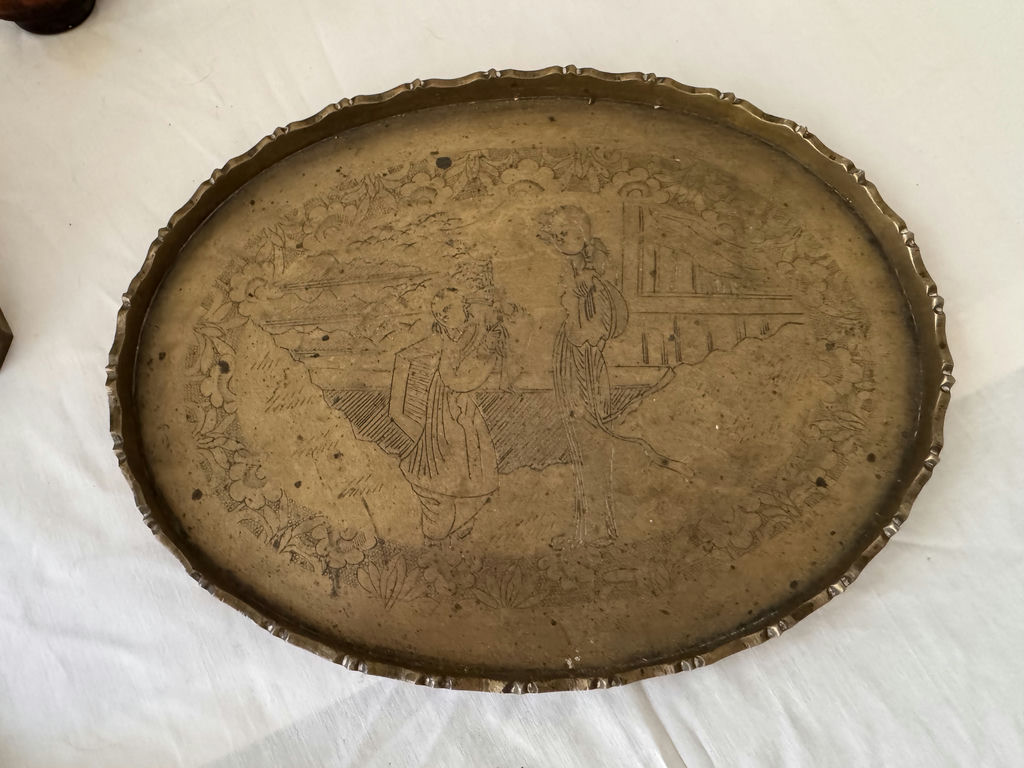 Antique mantel clock, lantern lamp, engraved tray, ship sculpture, angel candlesticks, and alcohol lamp bottle - image 2 of 8