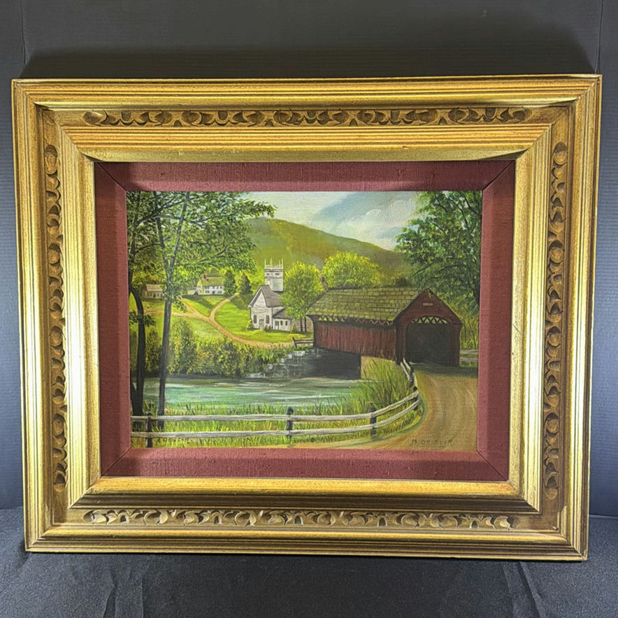 Landscape painting with covered bridge in ornate frame- local Austin artist Mildred Griscom - image 5 of 8