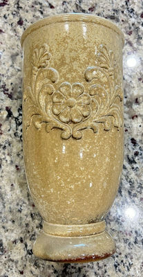 Beige/Tan Brown Glazed Ceramic Vase with Embossed Floral Design - Image 1 of 5