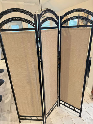 Three-Panel Folding Room Divider with Arched Top, Brown/Beige - Image 1 of 3