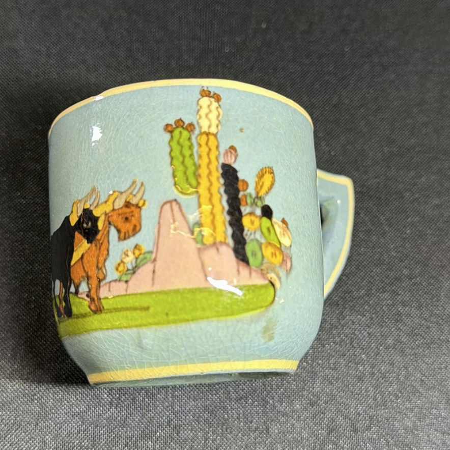 Teal-blue glazed ceramic tea service with hand-painted figures and cactus motifs - image 7 of 12