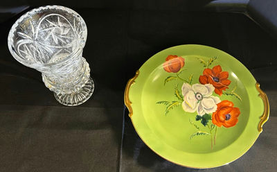 Two crystal cut-glass goblets and a lime-green floral plate with gold handles - Image 1 of 6