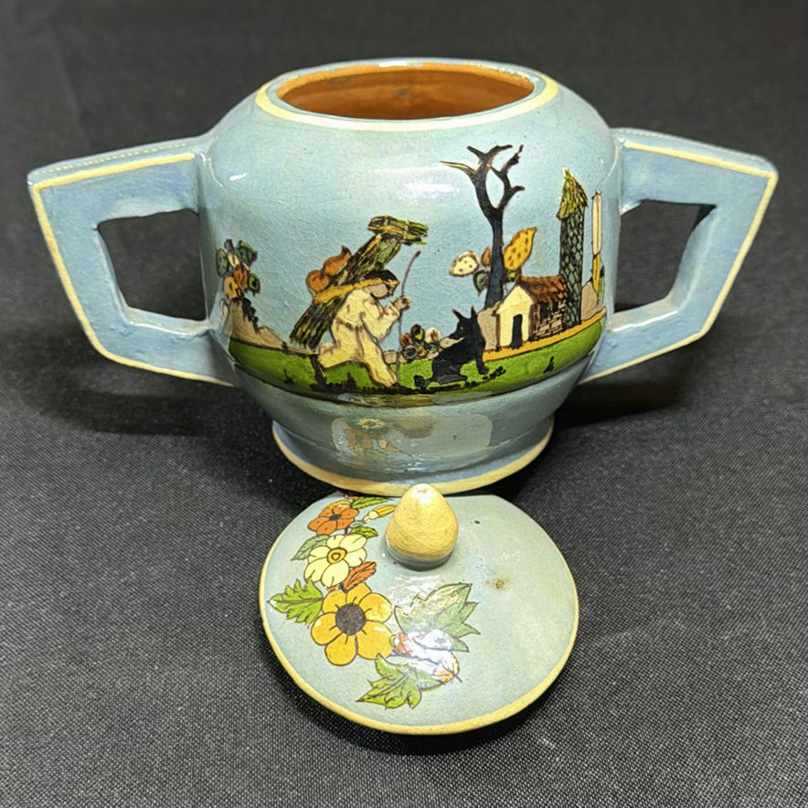 Teal-blue glazed ceramic tea service with hand-painted figures and cactus motifs - image 9 of 12