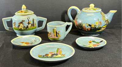 Teal-blue glazed ceramic tea service with hand-painted figures and cactus motifs - Image 1 of 12